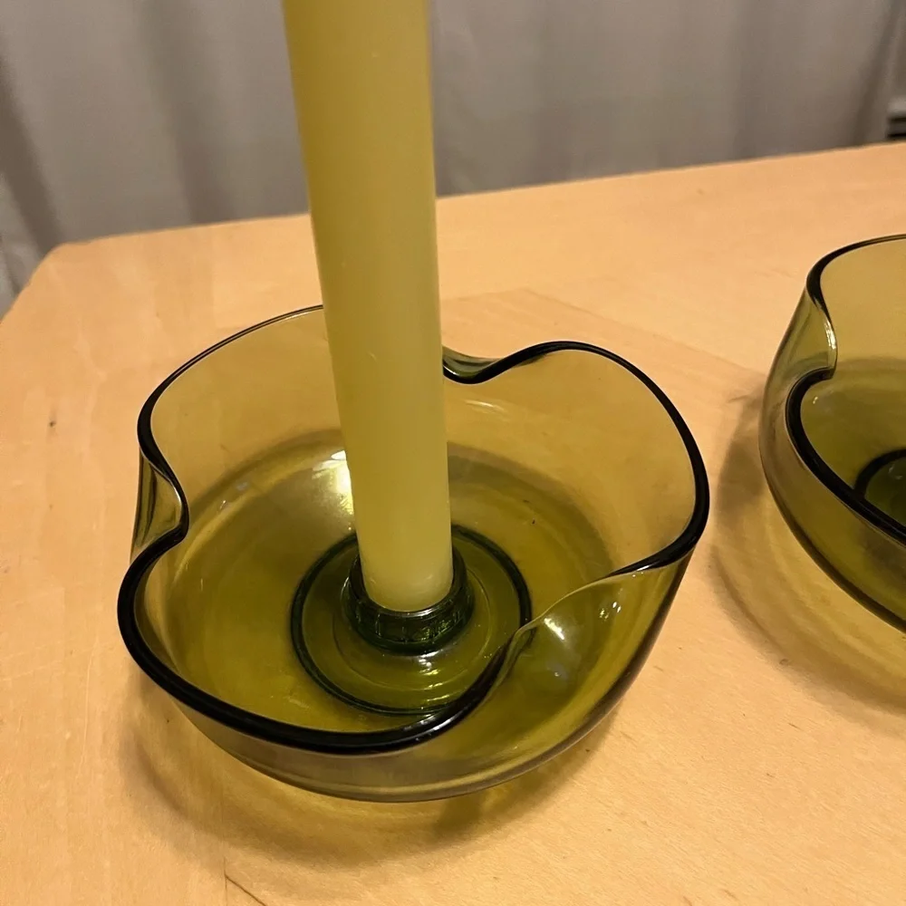 Vintage Anchor Hocking Avocado Candlestick Bowls Set of Two